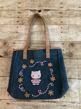 Denim Tote with Pink Accent and Brown Handles
